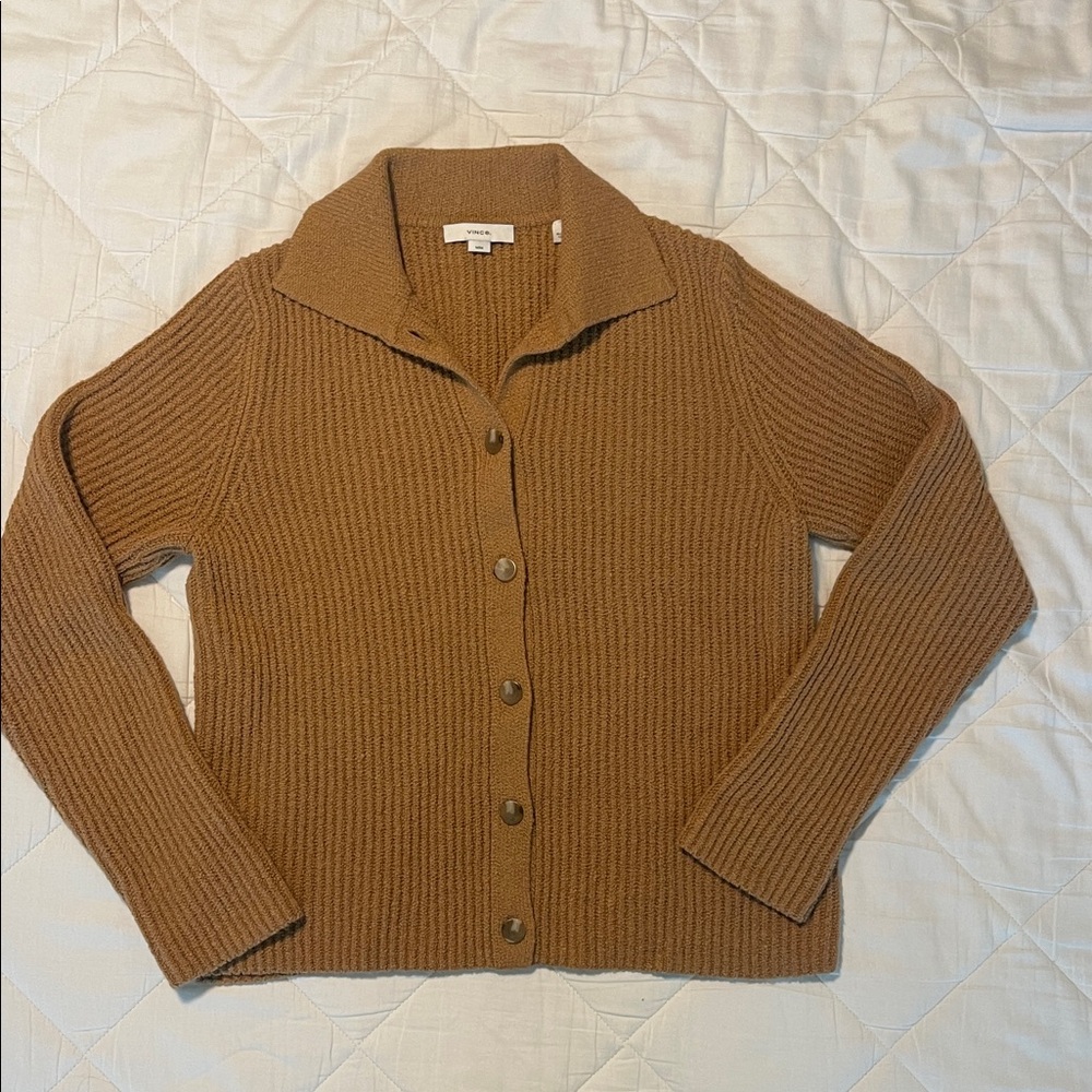 Vince Ribbed Camel Button Up Sweater